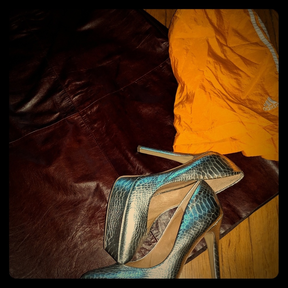 Platinum Heels | Vintage Leather Skirt | Adidas